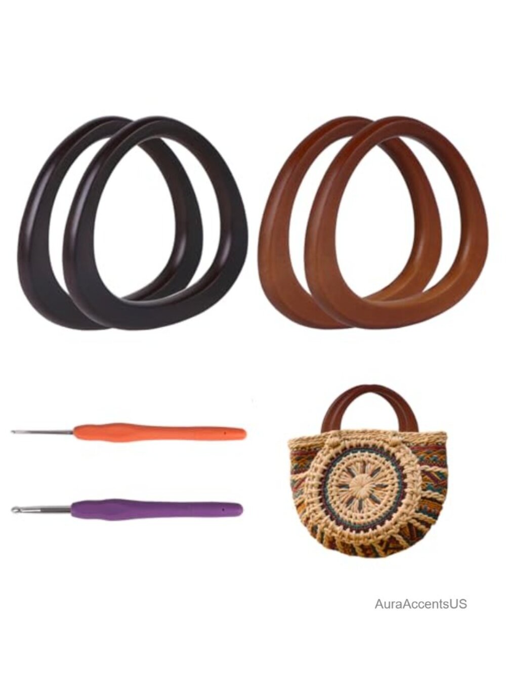4 D-Shape Wooden Purse Handles Crochet Hooks Bag Making